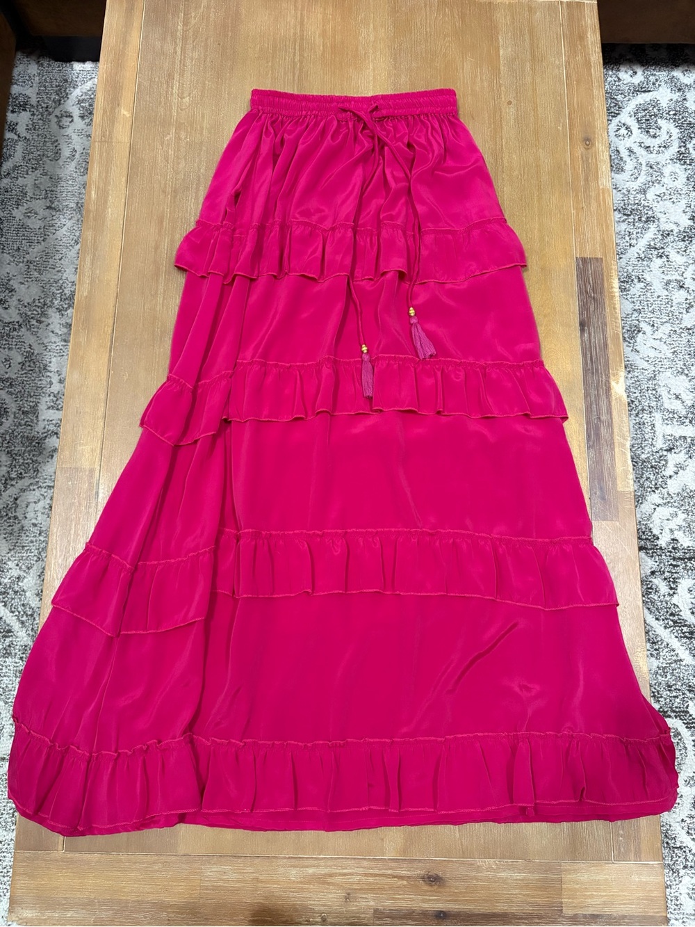 Tiered Tassel-Waist Silk Maxi Skirt in Hot Pink
